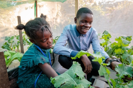 Zambia. Daniel shows his little sister Luyando his hydroponic plants